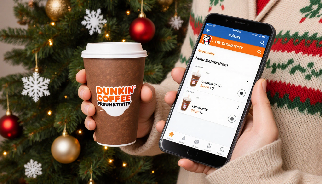 Person holding Dunkin coffee cup with promo code and smartphone with free drink options festive sweater near Christmas tree