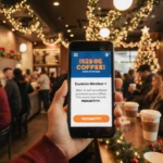 Rewards member holding up phone with Dunkin app showing promo code PRODUNKTIVITY while enjoying holiday coffee in a shop.
