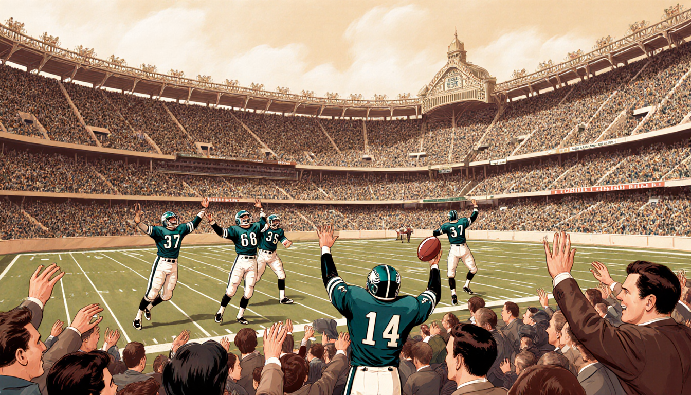 Eagles players cheer with footballs in 1956 attire against a crowd at Connie Mack Stadium.
