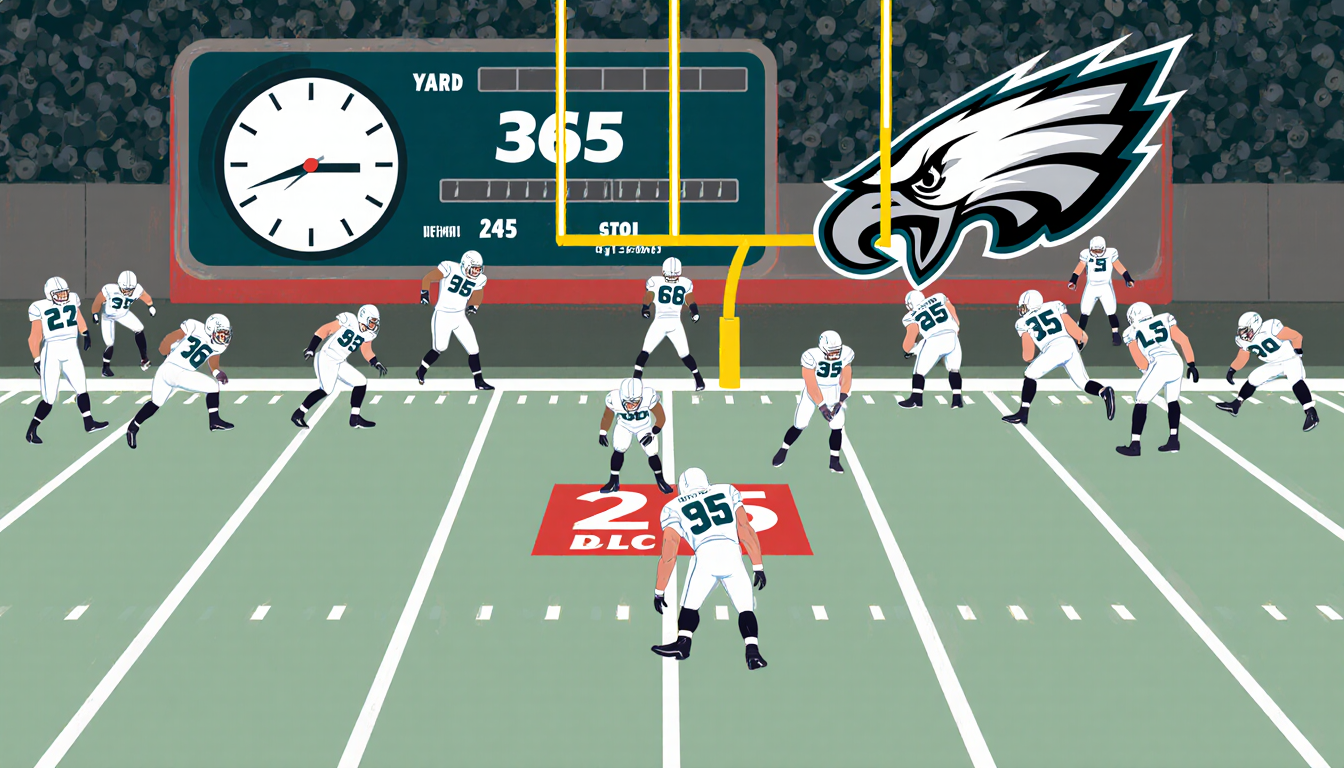 Eagles offense running toward the goal with a 2-yard line marker and a Chargers player standing clock and 365 yards scoreboar