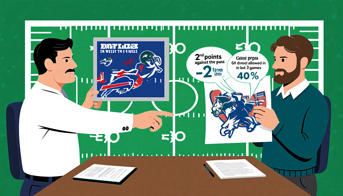 Bills coach pointing to game footage with Eagles coach listening on a football field layout defense