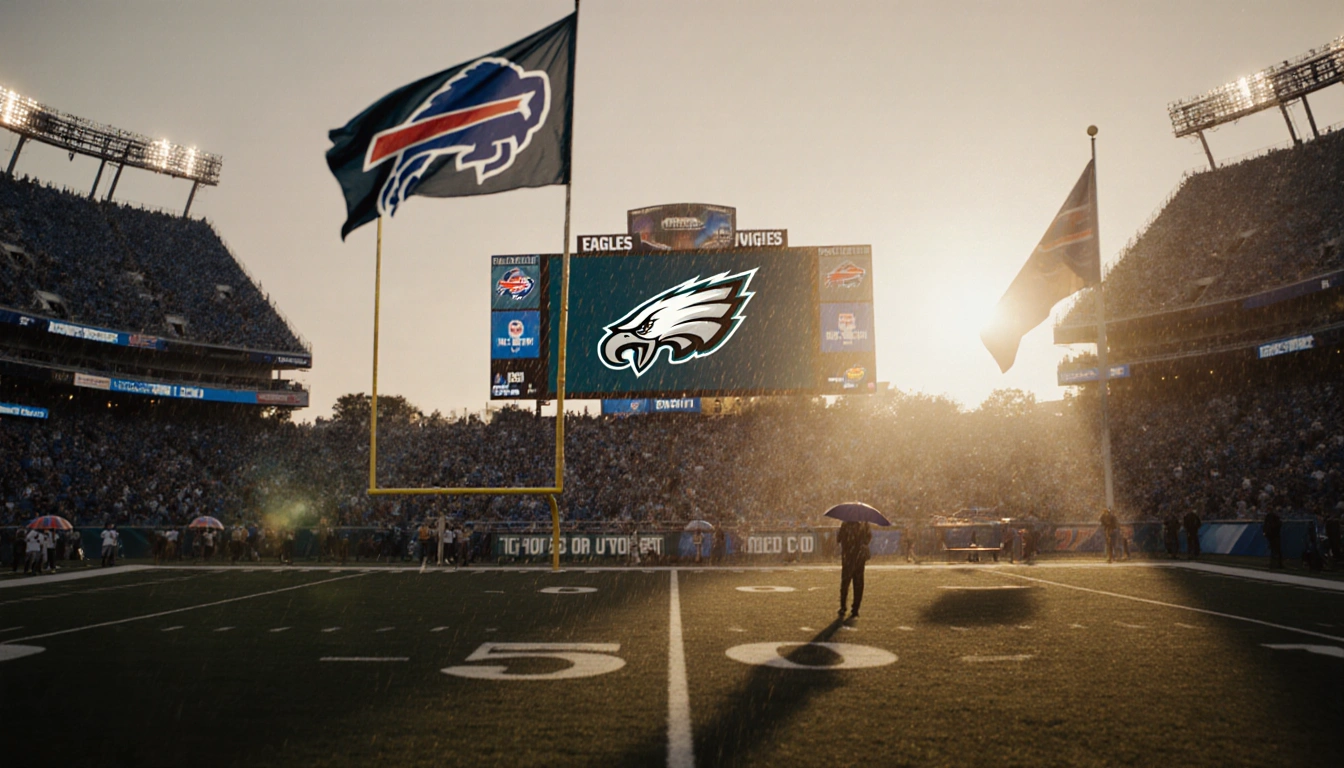 Rain-soaked flags flapping over football field at dusk with golden light and Eagles logo on scoreboard