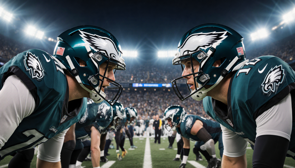 Two quarterbacks lock eyes in tense standoff Monday Night Football Eagles stadium lights reflected and teammates poised.