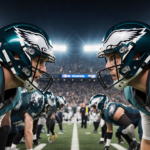 Two quarterbacks lock eyes in tense standoff Monday Night Football Eagles stadium lights reflected and teammates poised.