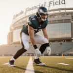 Eagles long snapper Charley Hughlett snapping the ball with Lincoln Financial Field glowing in golden hour.