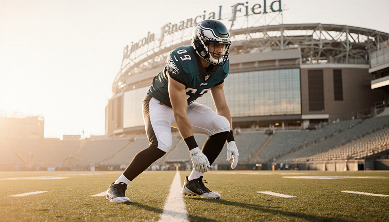 Eagles long snapper Charley Hughlett snapping the ball with Lincoln Financial Field glowing in golden hour.