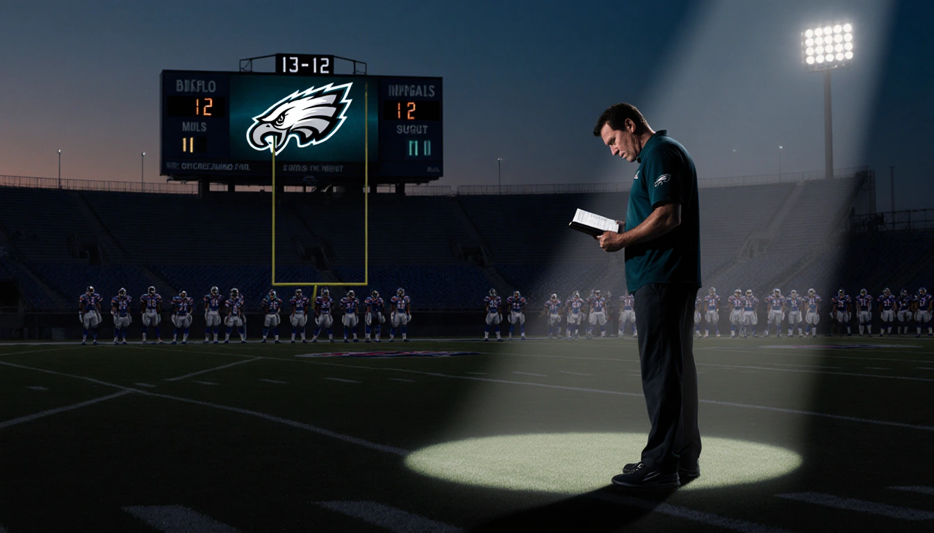 Coach Nick Sirianni standing on sideline holding playbook with spotlight and scoreboard 13-12
