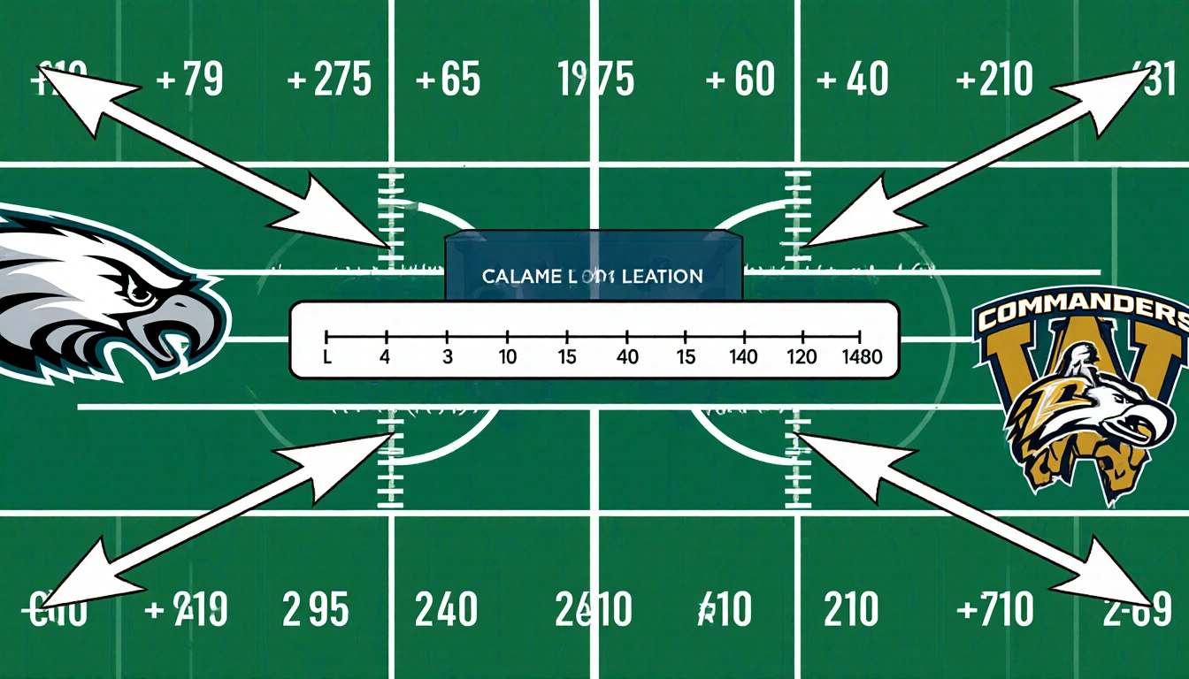 Eagles and Commanders logos with betting arrows showing a 6.5 point lead and a 44.5 line on a football field backdrop.