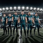 Philadelphia Eagles players stand holding helmets with stadium lights casting long shadows on wet asphalt at night.