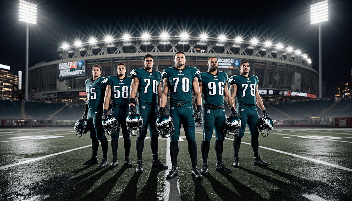 Philadelphia Eagles players stand holding helmets with stadium lights casting long shadows on wet asphalt at night.