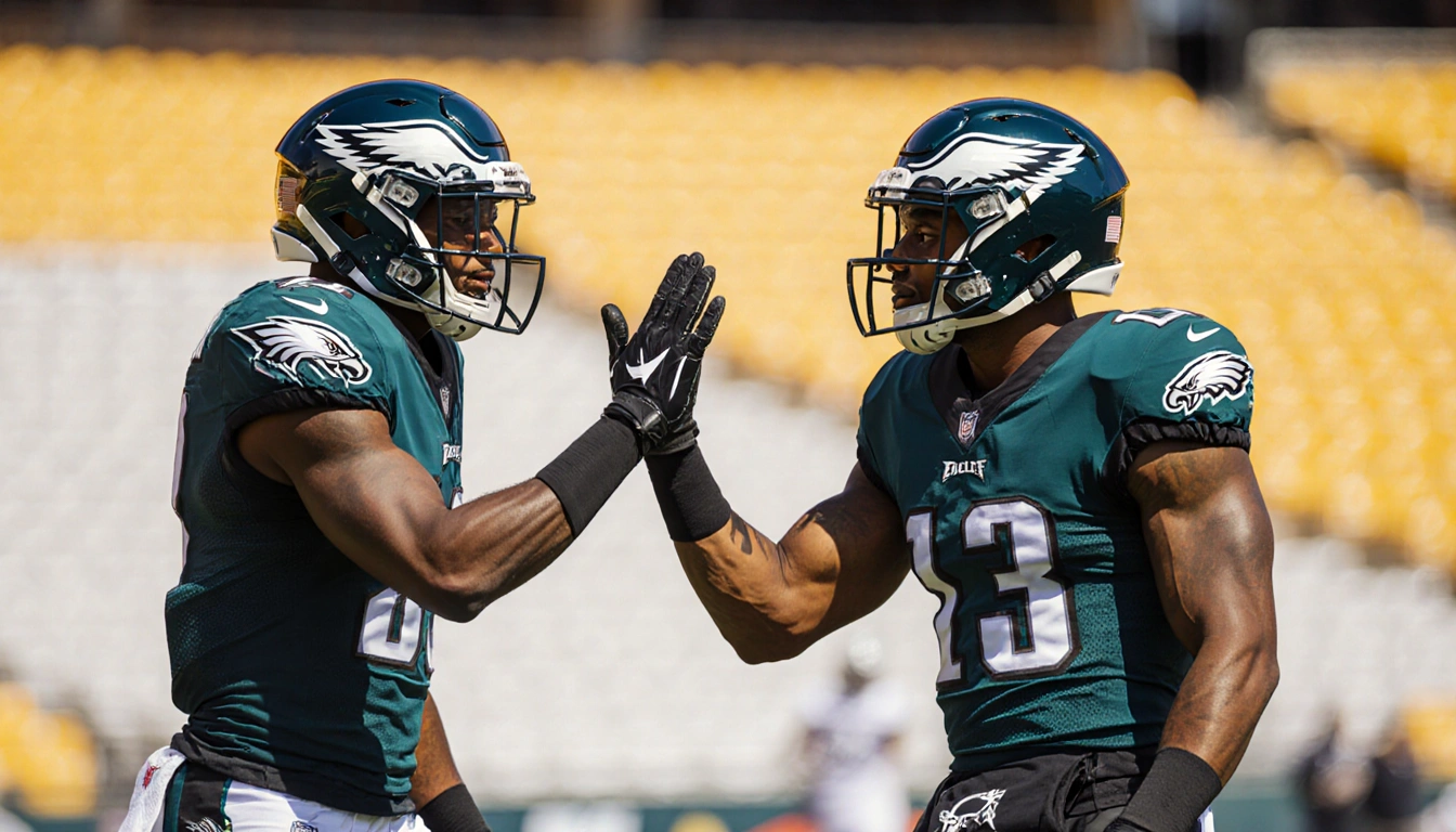 Quinyon Mitchell and Cooper DeJean high‑fiving after play with Philadelphia Eagles stadium lights and yellow seats scene