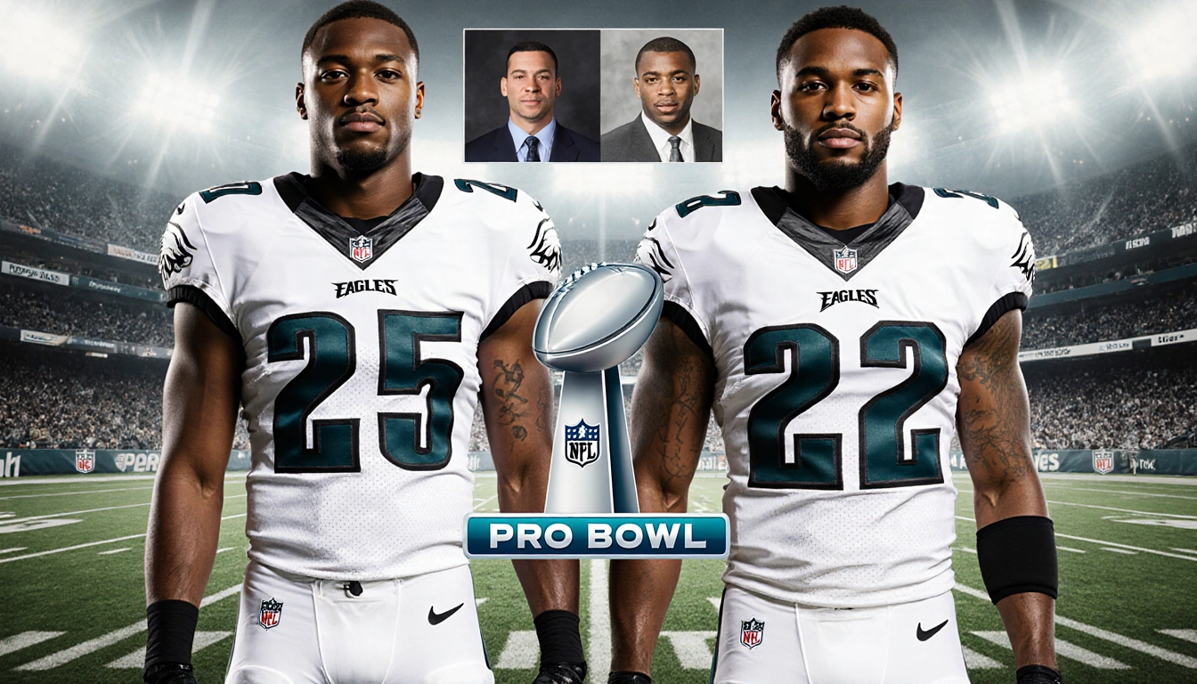 Cornerbacks Mitchell and DeJean stand side by side with Eagles jerseys and Pro Bowl logo between them.