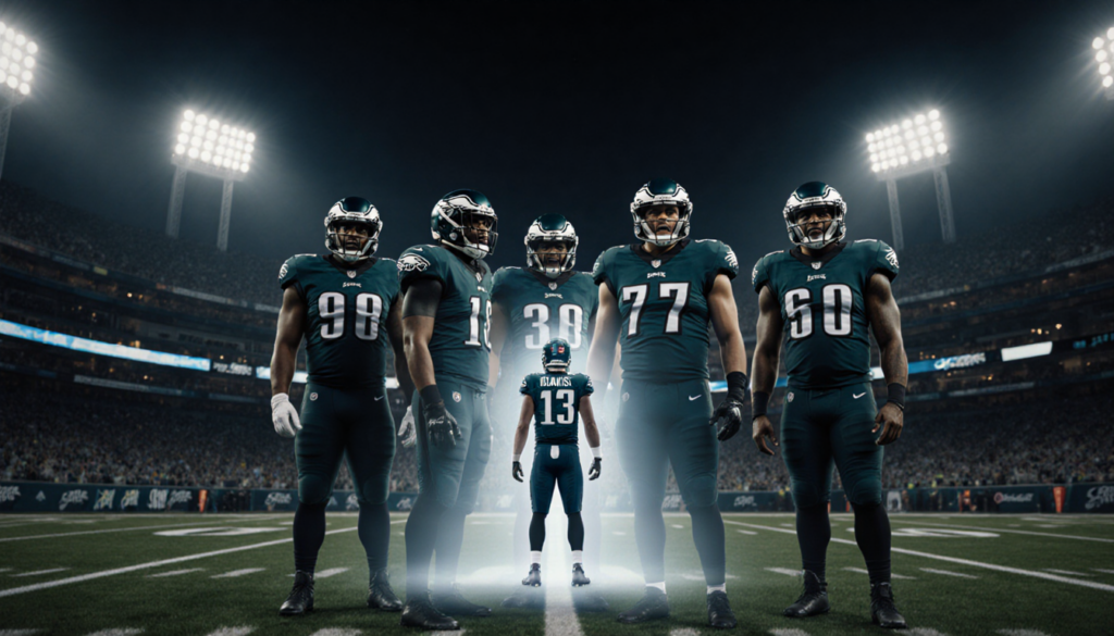 Eagles defense huddles with Moro Ojomo and Jordan Davis while a Chargers quarterback stands frozen under stadium lights.