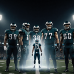 Eagles defense huddles with Moro Ojomo and Jordan Davis while a Chargers quarterback stands frozen under stadium lights.