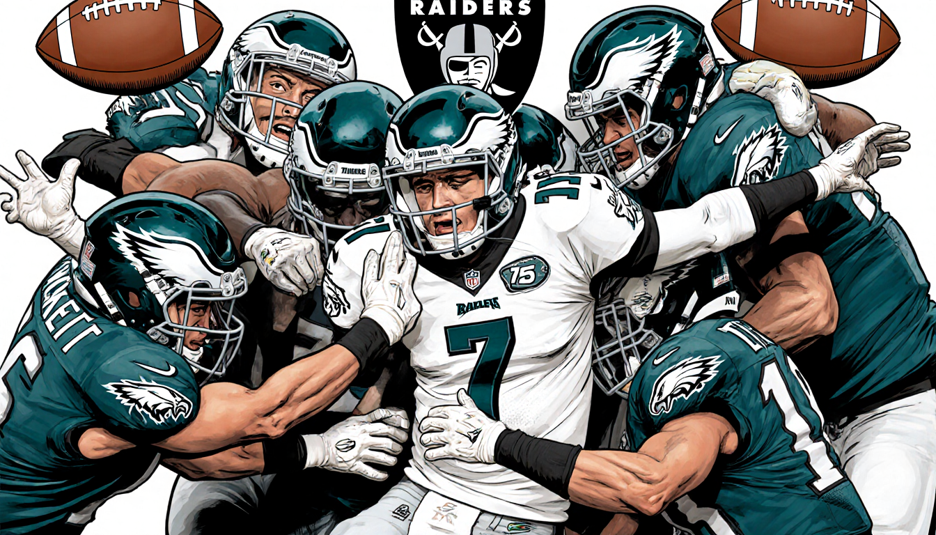 Eagles defensive linemen swarming around quarterback Kenny Pickett with arms outstretched and a football showing 75 yards in