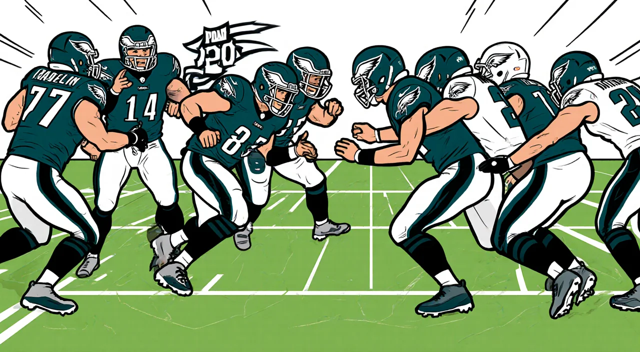 Eagles defense rushing Raiders quarterback into tight space with field grid and stats showing 1.8 yards per play
