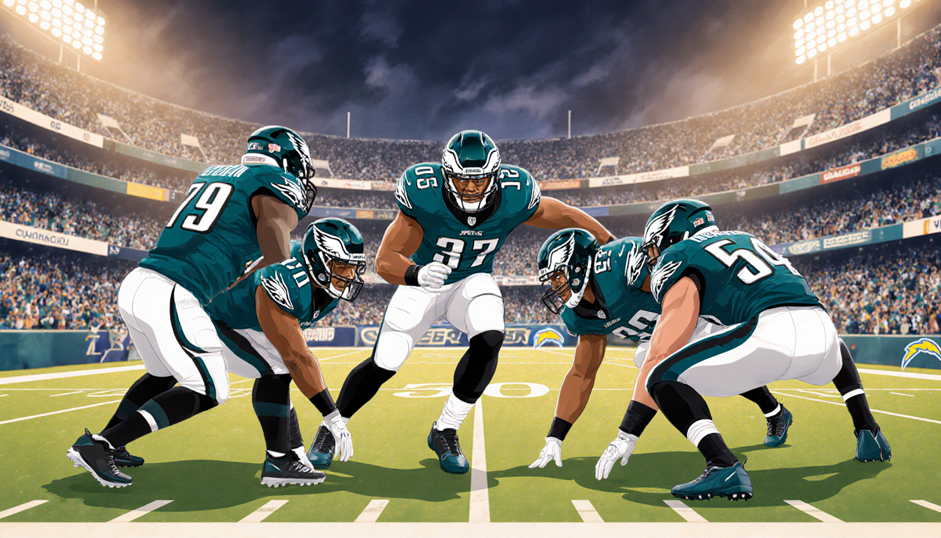 Eagles defense rotates in overtime with linebackers scanning and Marcus Epps leading at center and blurred stadium backdrop.