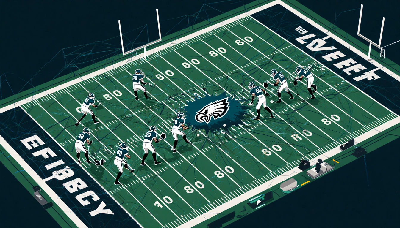 Eagles defense scheme visualizes grid‑based field with motion lines showing tackling and coverage under Vic Fangio