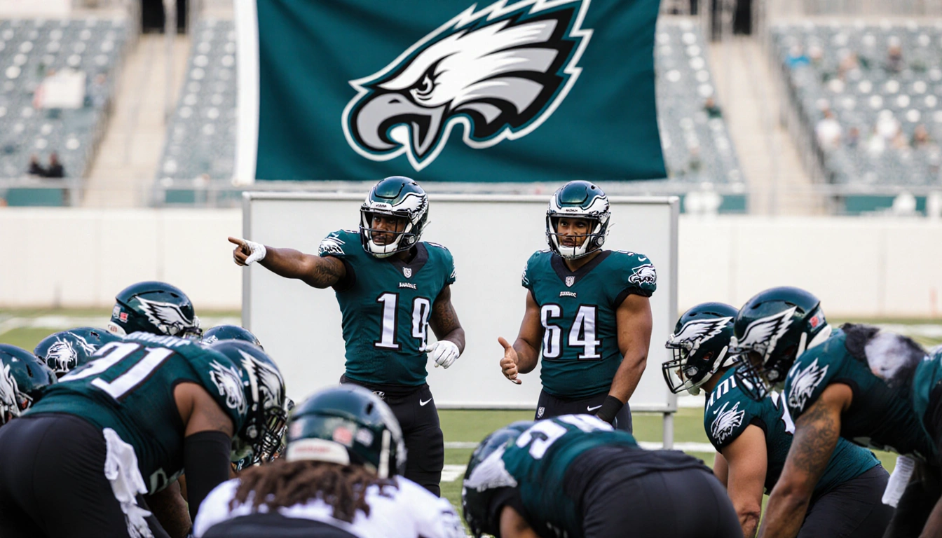 Eagles defensive line huddle with Phillips pointing and Carter gesturing blurred AFC East logo behind flag and backdrop