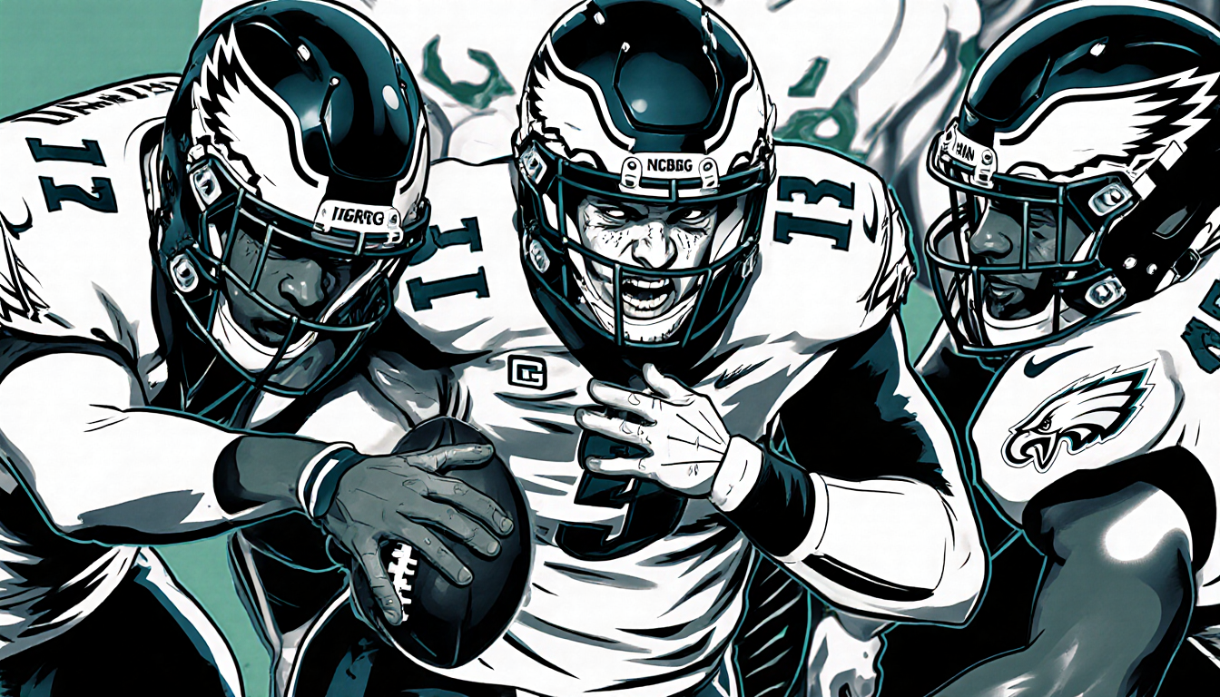 Defensive line swarming Justin Herbert with Zack Baun focused as quarterback looks distressed.