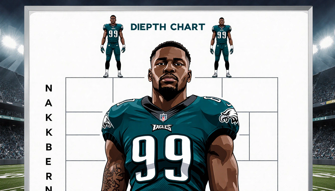 Jihaad Campbell stands focused with jersey 99 beside the depth chart whiteboard and Nakobe Dean above him in a stadium backdr