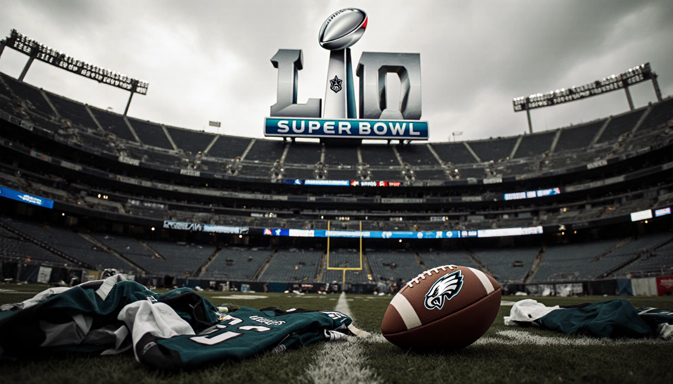 Football lies abandoned on field in Texas Stadium with faded Super Bowl logo in background and scattered Eagles memorabilia