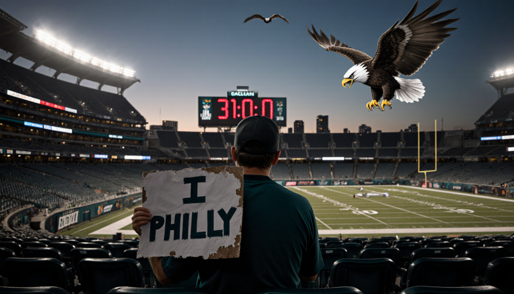 Eagles fan sits in empty Coliseum seats with worn I Philly sign and bright scoreboard reading 31-0 eagle soars cityscape