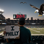 Eagles fan sits in empty Coliseum seats with worn I Philly sign and bright scoreboard reading 31-0 eagle soars cityscape