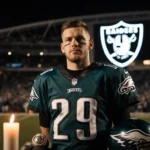 Ryan Quigley stands with an Eagles jersey and Super Bowl ring near a broken helmet and flickering candle at the stadium night