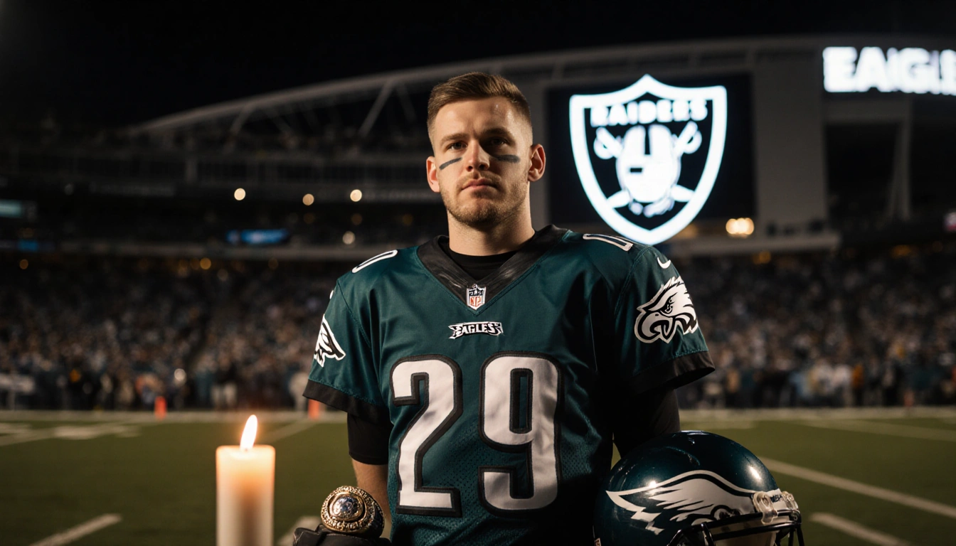 Ryan Quigley stands with an Eagles jersey and Super Bowl ring near a broken helmet and flickering candle at the stadium night