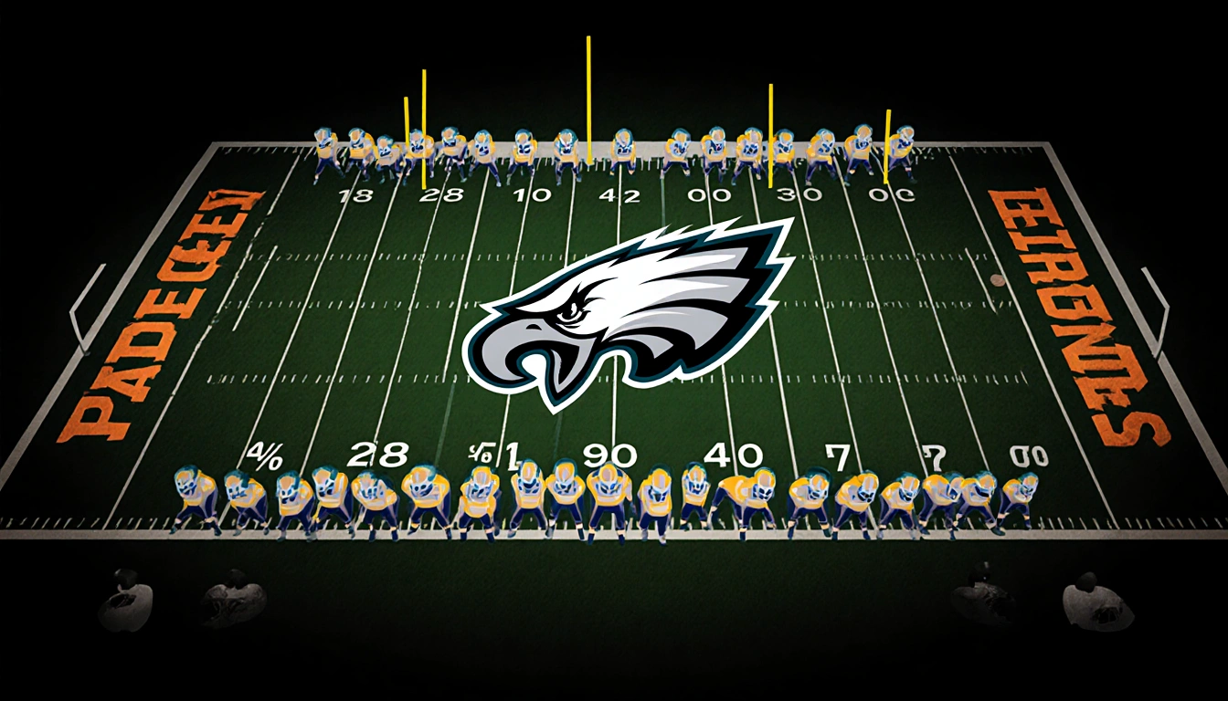 Eagles defensive line blocks field with logo and etched 54.1% completion rate and 13 touchdowns