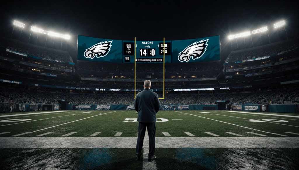 Eagles quarterback looking up at scoreboard with wet turf reflecting stadium lights and skyline at night
