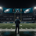 Eagles quarterback looking up at scoreboard with wet turf reflecting stadium lights and skyline at night