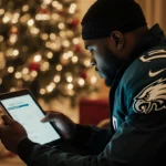 Eagles player sits with jacket and tablet showing injury report with warm light and blurred Christmas tree in background