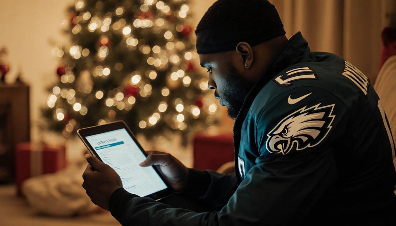 Eagles player sits with jacket and tablet showing injury report with warm light and blurred Christmas tree in background