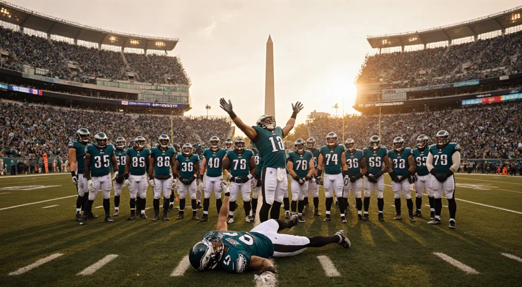 Football quarterback lying on turf arms raised in triumph with empty bench and cheering Eagles fans in the background