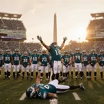 Football quarterback lying on turf arms raised in triumph with empty bench and cheering Eagles fans in the background