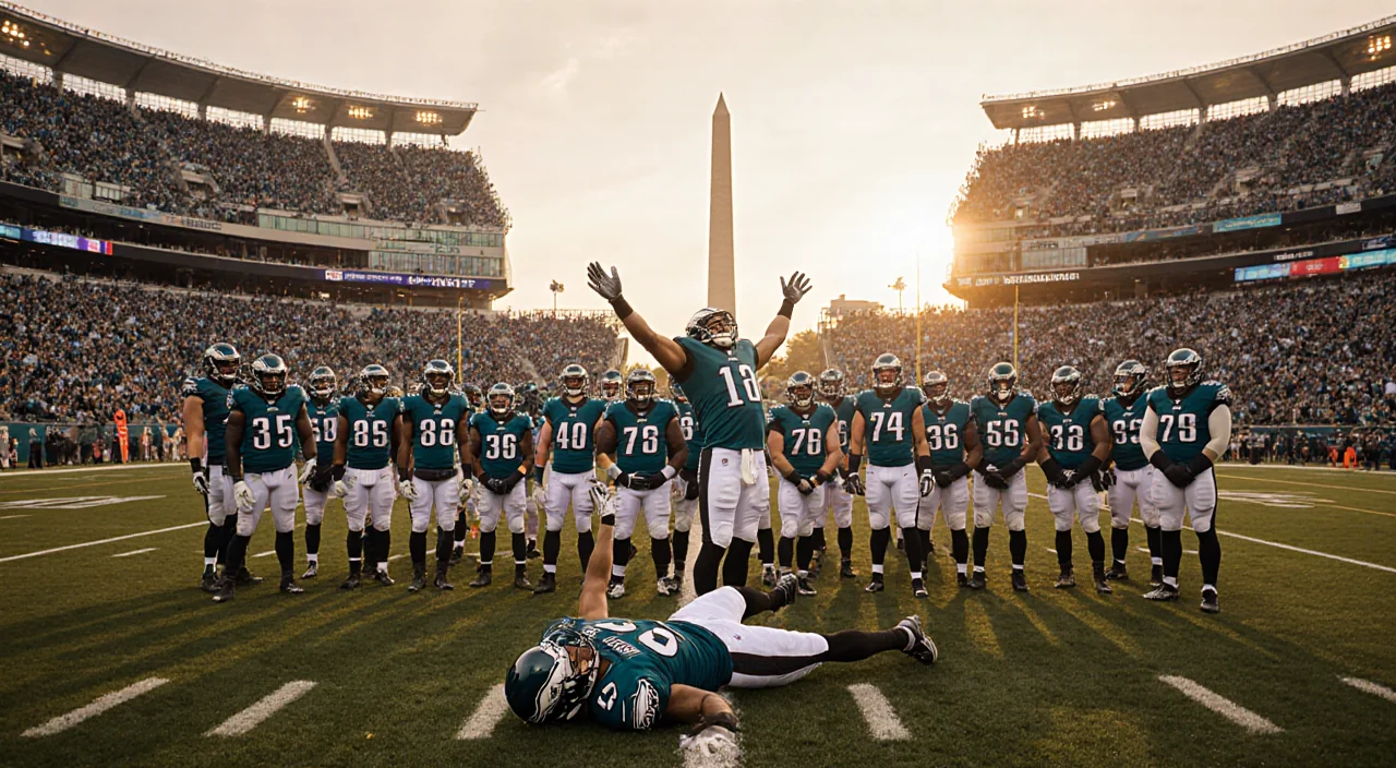 Football quarterback lying on turf arms raised in triumph with empty bench and cheering Eagles fans in the background