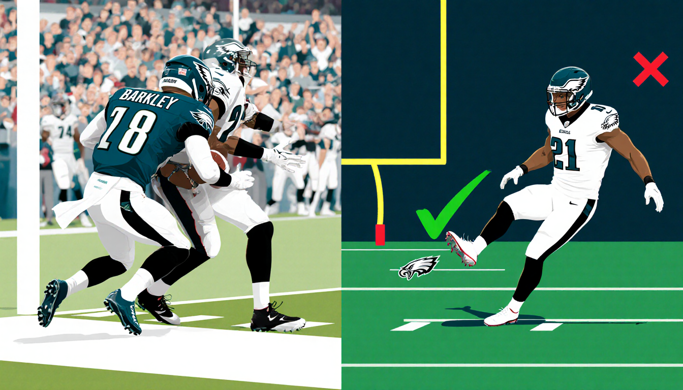 Saquon Barkley slows and gets tackled in end zone while panels show checkmark on Jake Elliott's field goal and red X on fourt