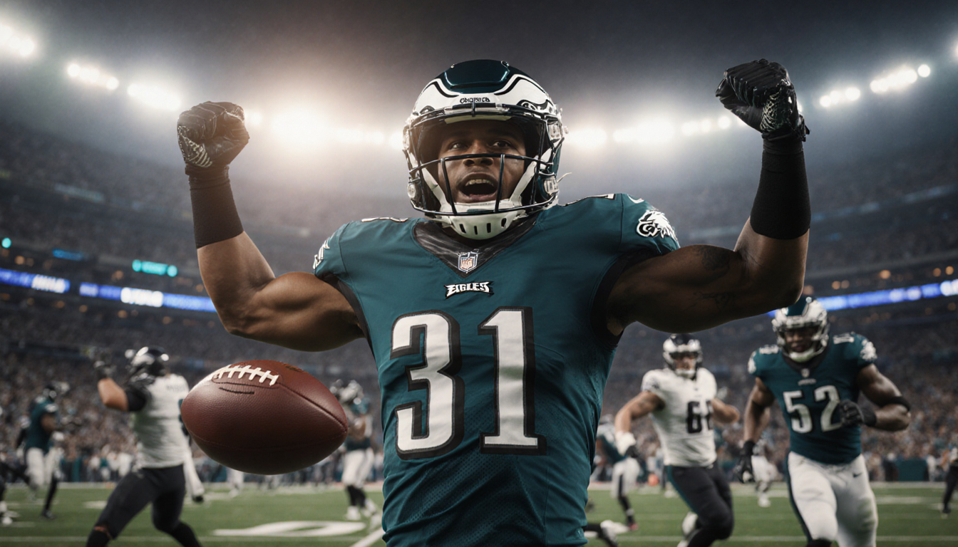 Eagles Rusher celebrates triumphantly with arms raised in victory surrounded by blurred football field and helmeted opponents