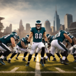 Dallas Goedert blocks defender with intensity under stadium lights and Eagles defense behind