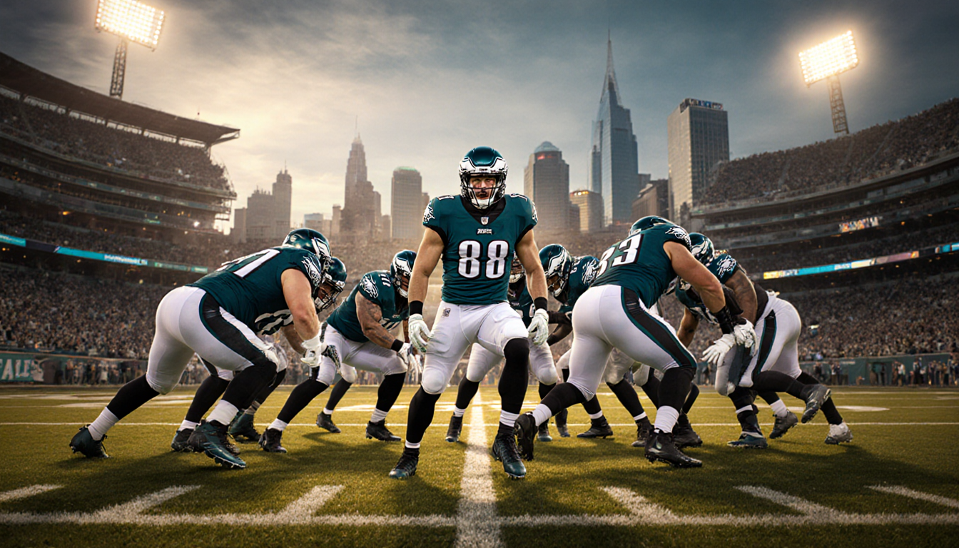 Dallas Goedert blocks defender with intensity under stadium lights and Eagles defense behind