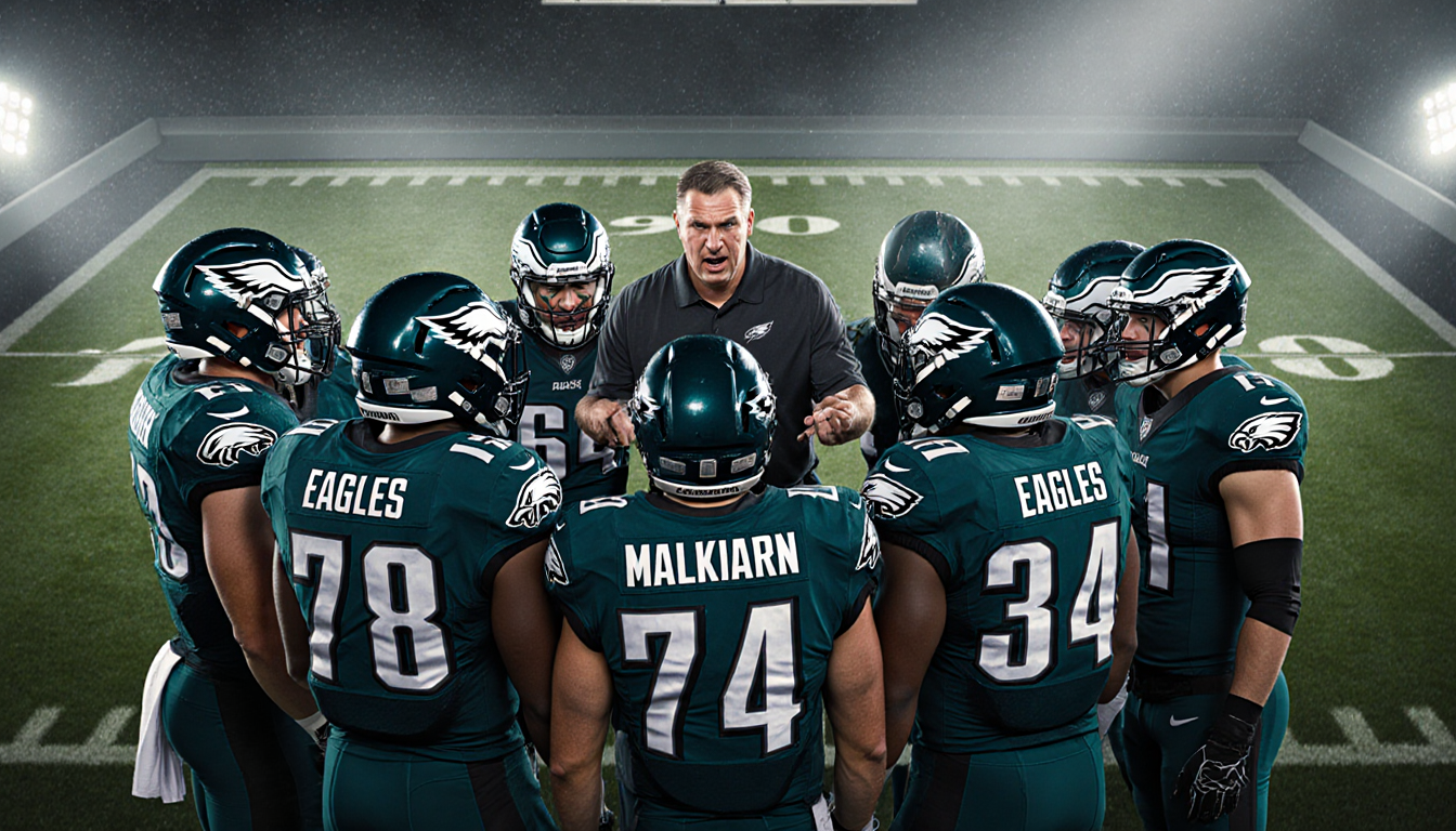 Eagles huddle around coach with intense pep talk and midnight green jerseys reflected by stadium lights