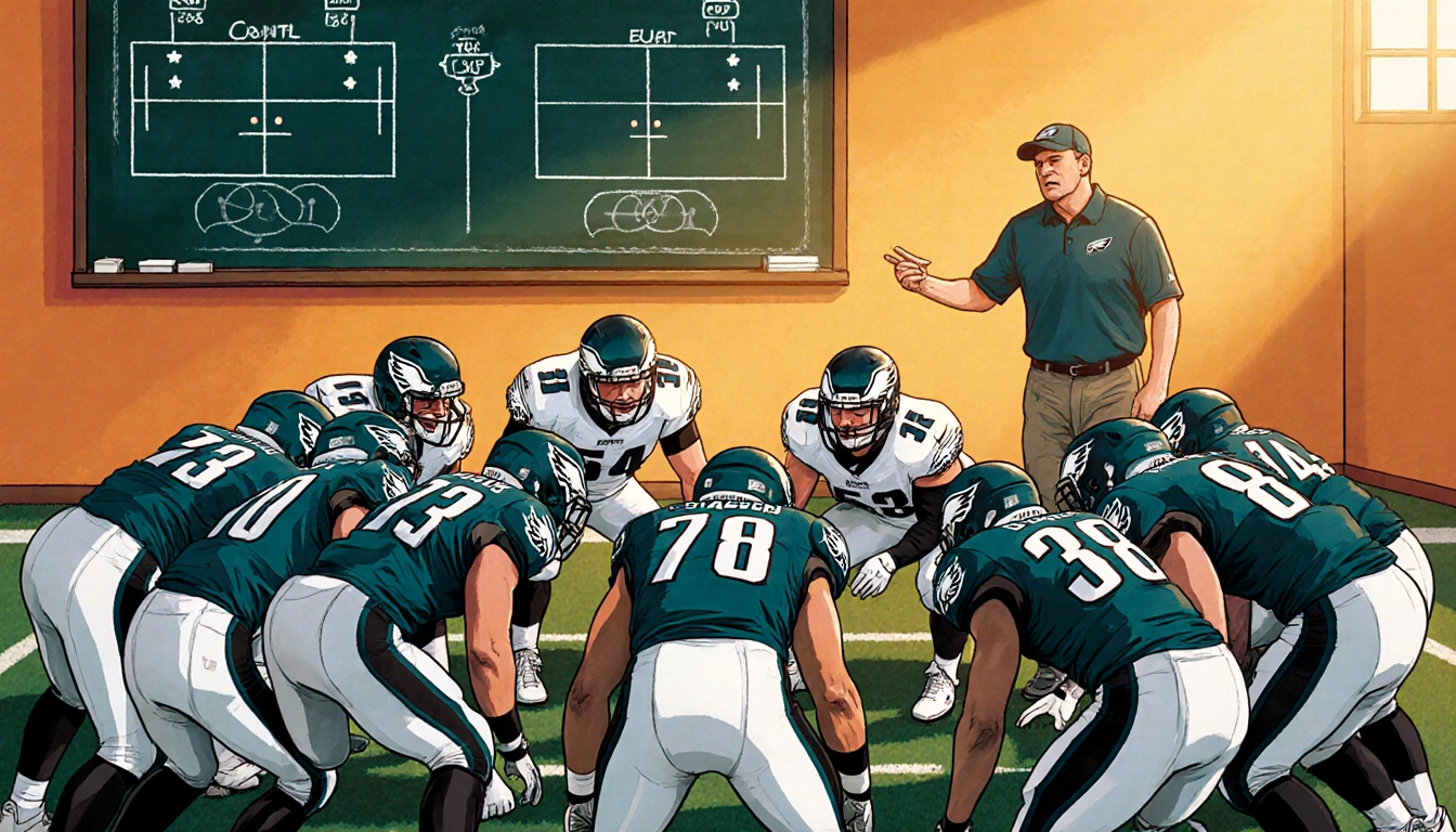 Quarterback leads huddle with teammates in semi‑circle while coach Greg Olsen gestures toward chalkboard play diagram
