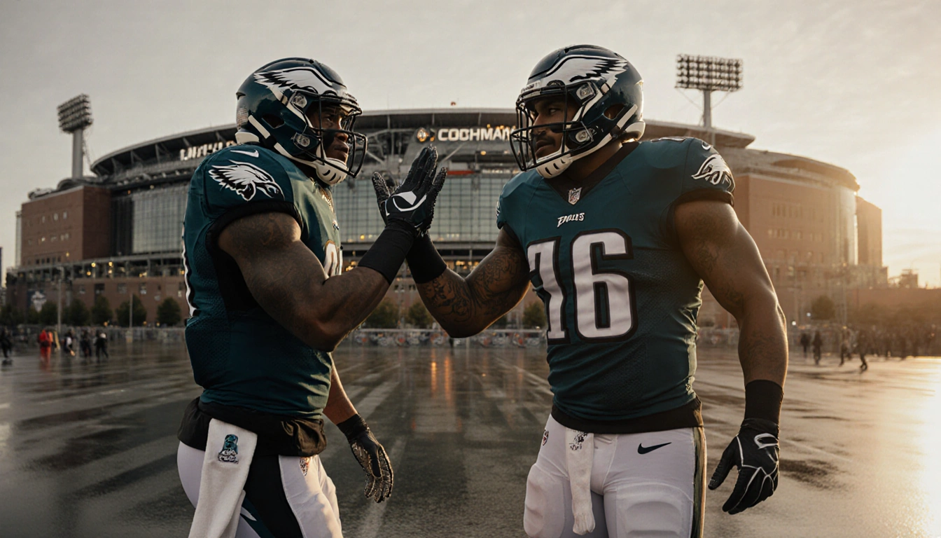 Eagles linemen Landon Dickerson and Fred Johnson high‑fiving with stadium lights glowing in light and Commanders logo hints.