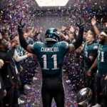 Eagle player raising trophy with confetti swirling around him in a jubilant locker room.