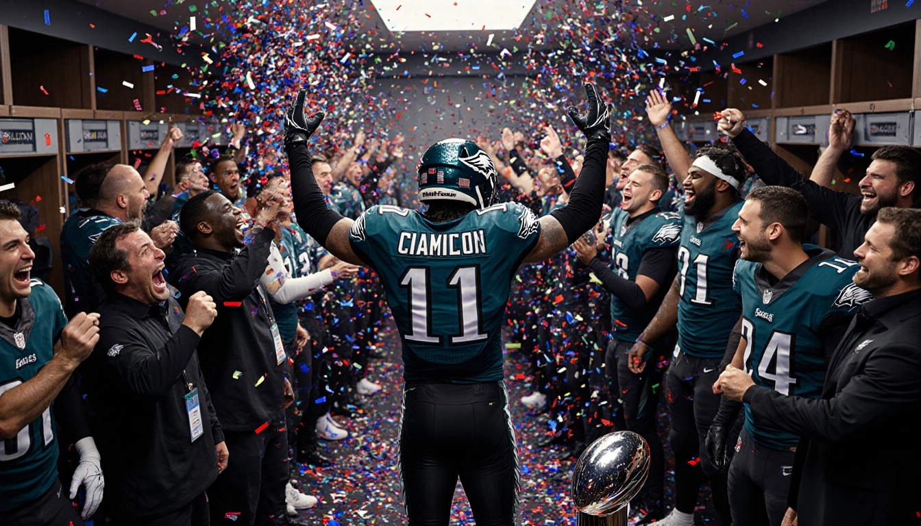 Eagle player raising trophy with confetti swirling around him in a jubilant locker room.