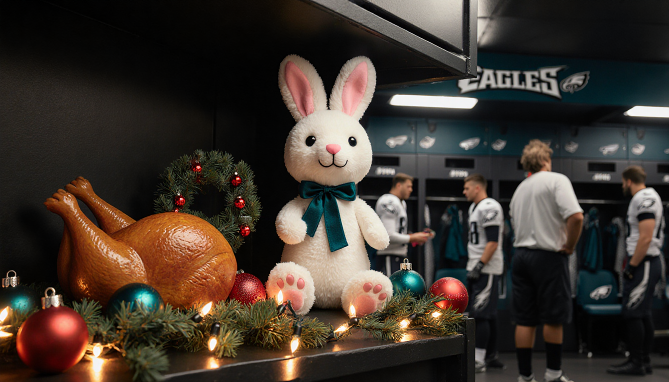 Easter Bunny perched on locker shelf with Cornish hen players in background prepping holiday gear in locker room.