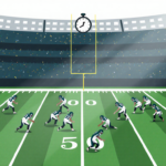 Football field shows scattered Eagles players with a ticking clock and faint stadium shadow in background