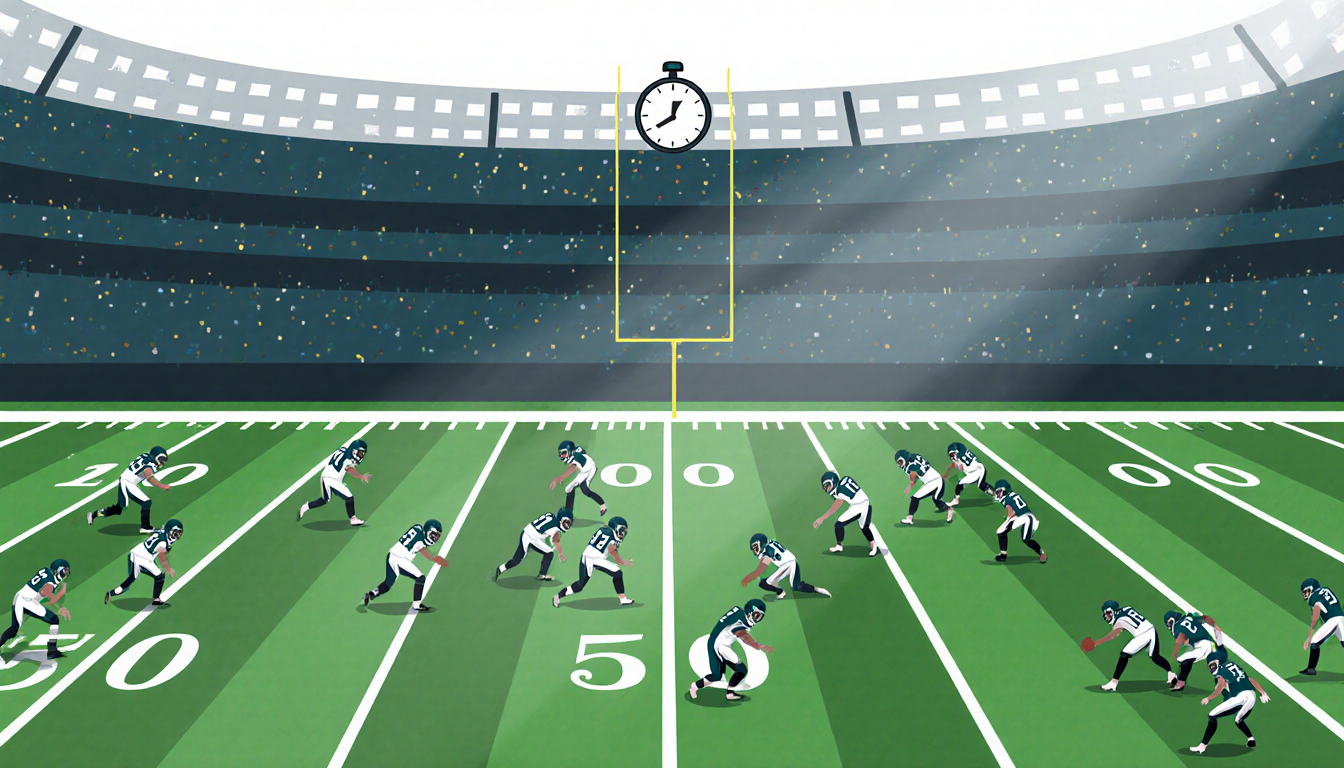 Football field shows scattered Eagles players with a ticking clock and faint stadium shadow in background